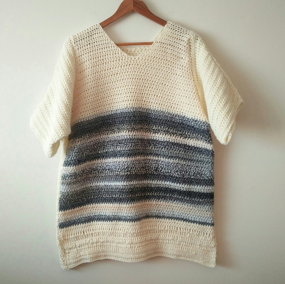 Hand Knit Short Sleeve Cream & Grey Blue Stripped Tunic Sweater - Picture 2 of 13